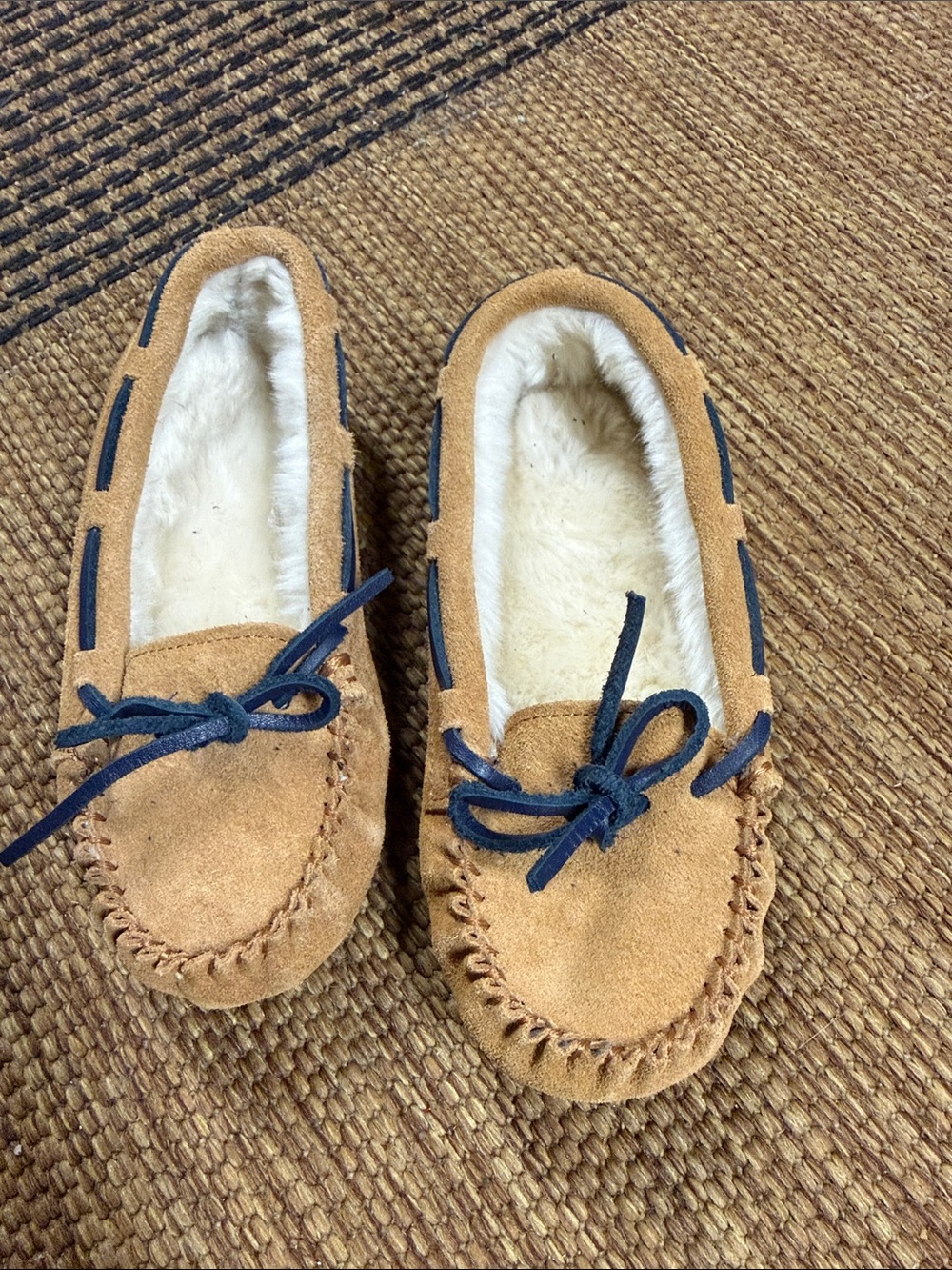 Vineyard Vines Tan Suede Kids Moccasin Slippers with Navy Trim